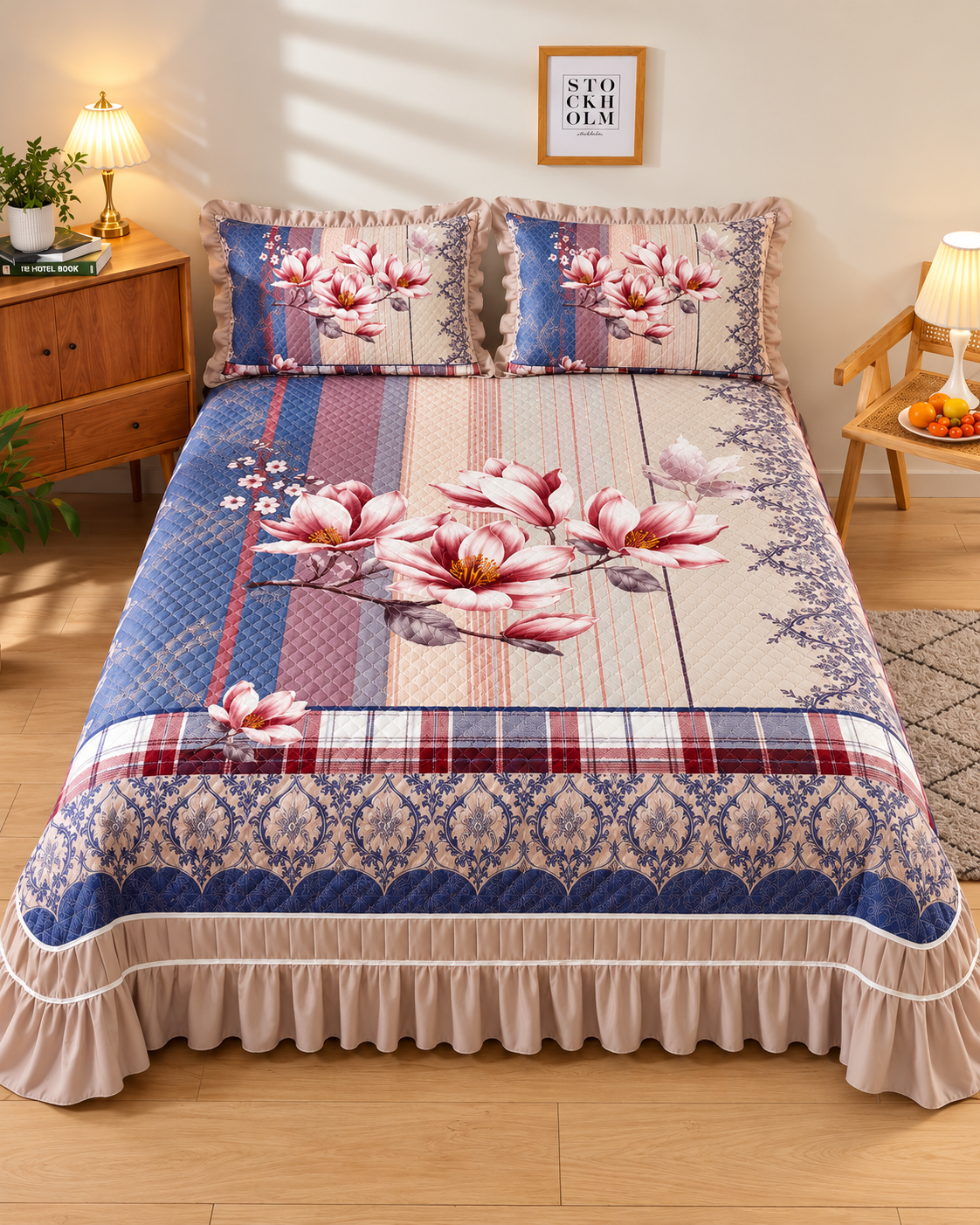 Blue & Blush Printed Bed Cover - Blue & Pink thumbnail