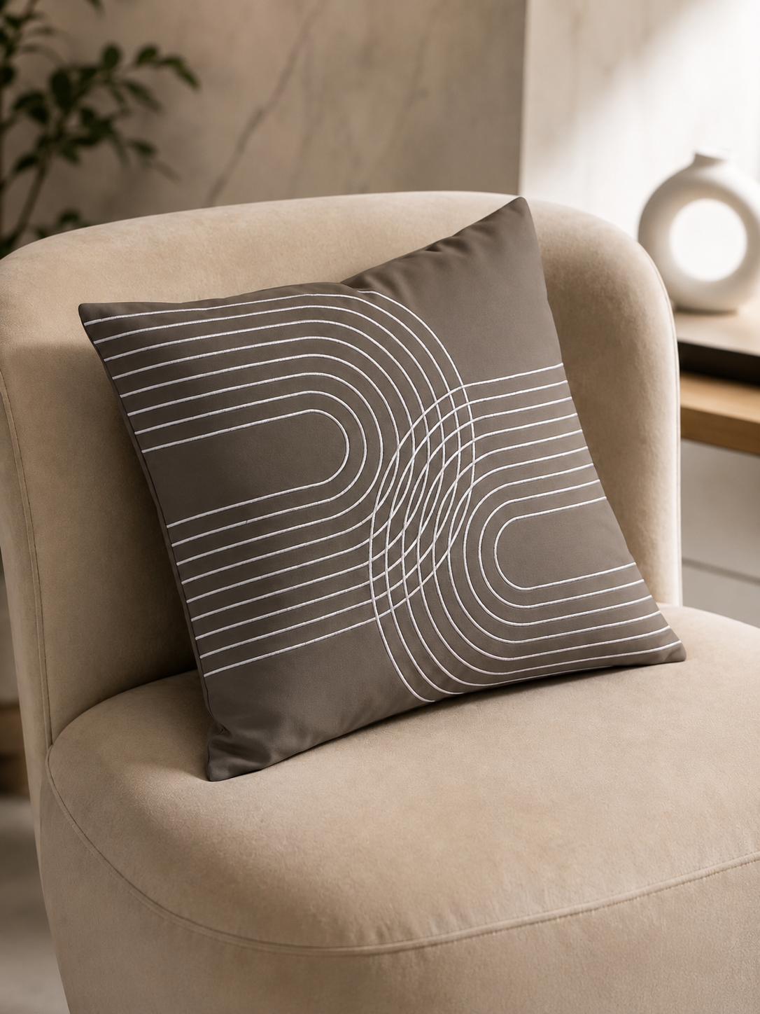 Abstract Arc Embroidered Pillow Cover - Taupe Grey thumbnail