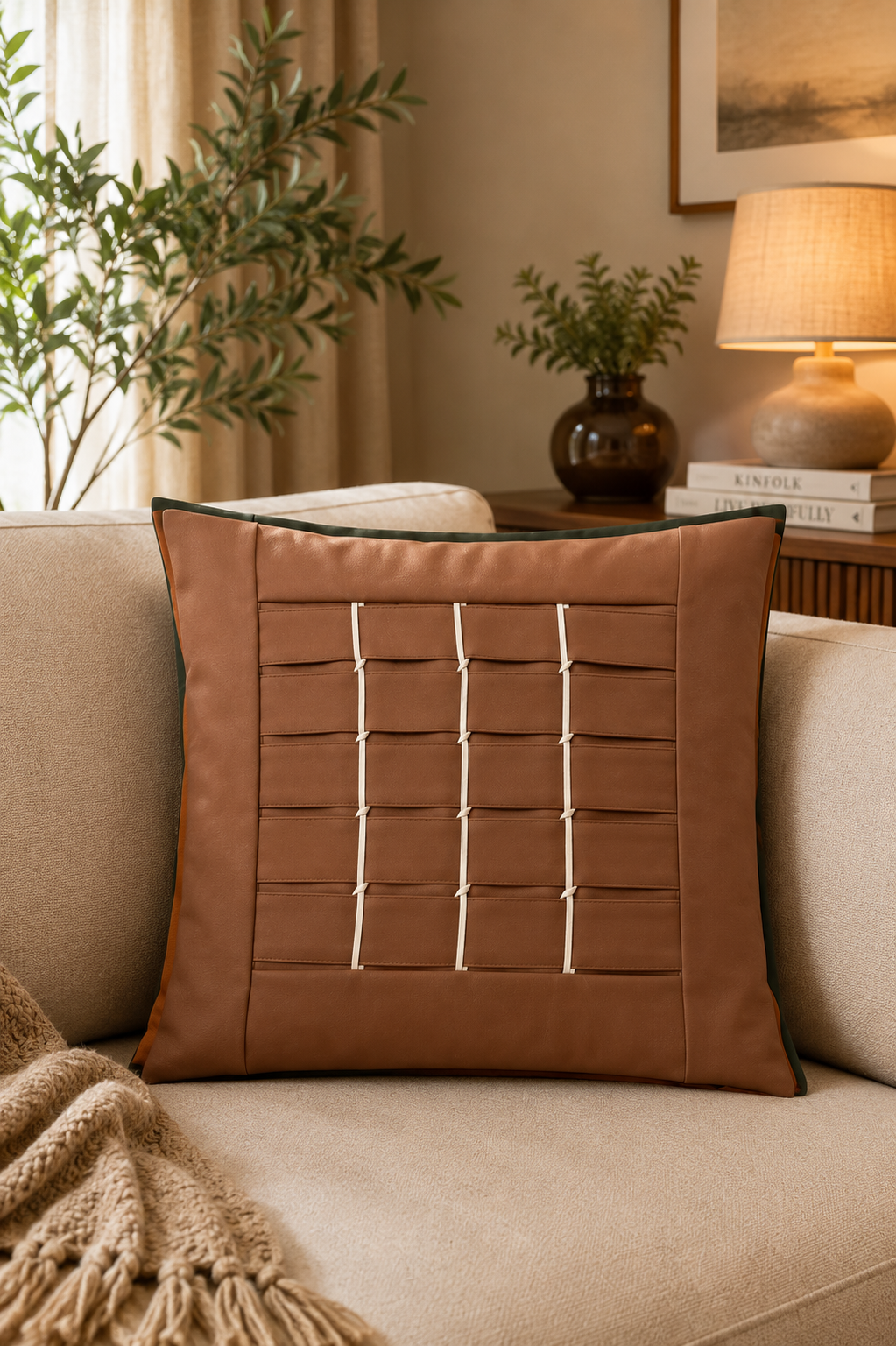 Woven Grid Panel Pillow Cover - Tan Brown thumbnail