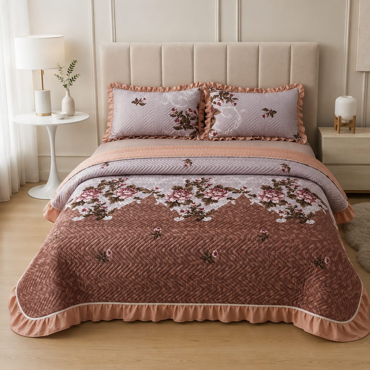 Dusty Rose Peach Floral Quilted Ruffle Bed Cover Set