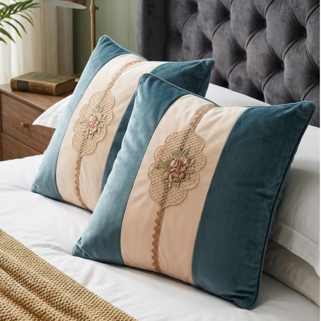 Floral Lattice Embroidered Pillow Cover - Teal Blue thumbnail