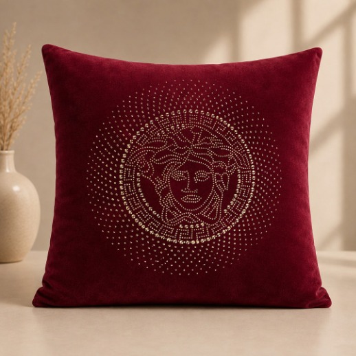 Luxury Medusa Embroidered Cushion - Maroon thumbnail