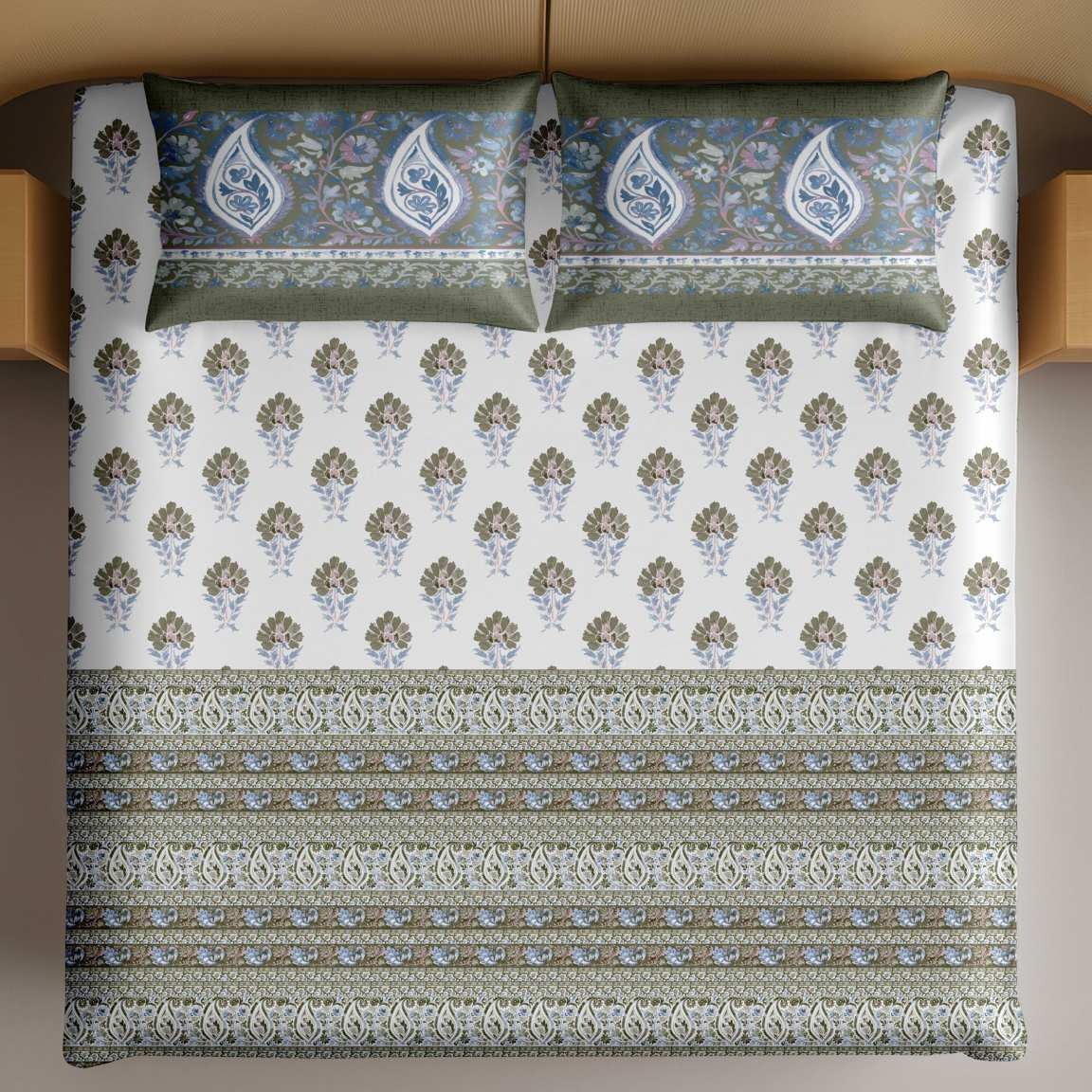 Artistry of India King-Size Bedsheet Set - Ivory Olive thumbnail