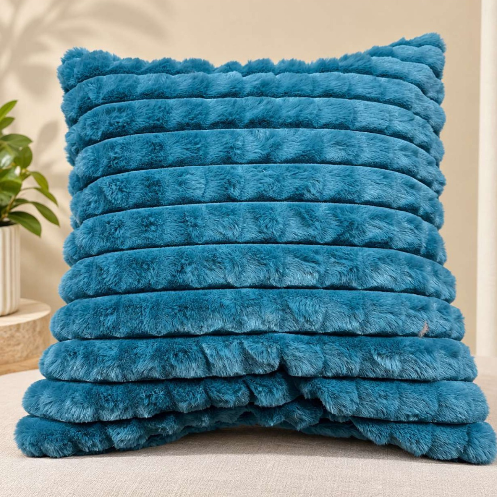 Luxury Plush Stripe Fur Cushion Cover - Teal Blue thumbnail