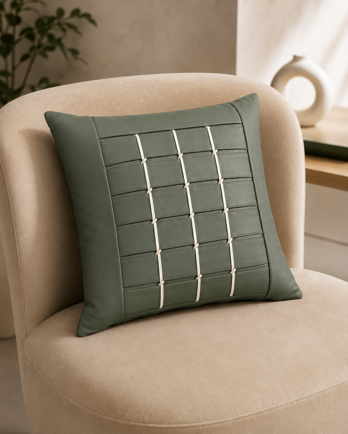 Woven Grid Panel Pillow Cover - Sage Green thumbnail