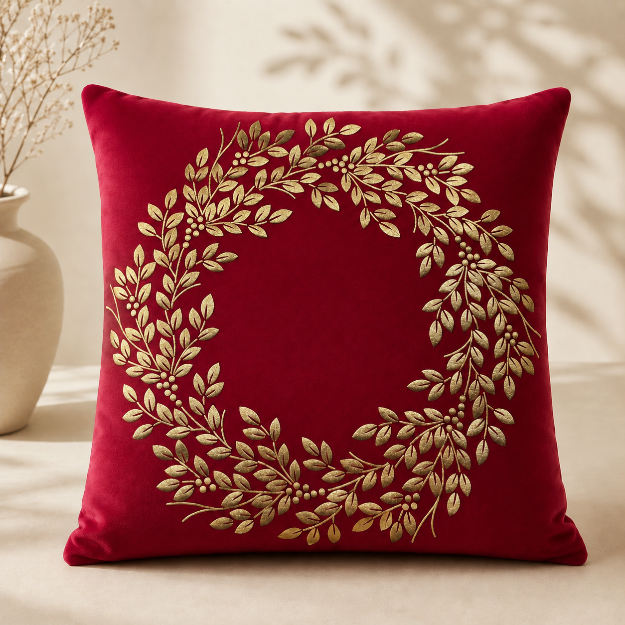 Botanical Wreath Embroidered Pillow Cover - Maroon thumbnail