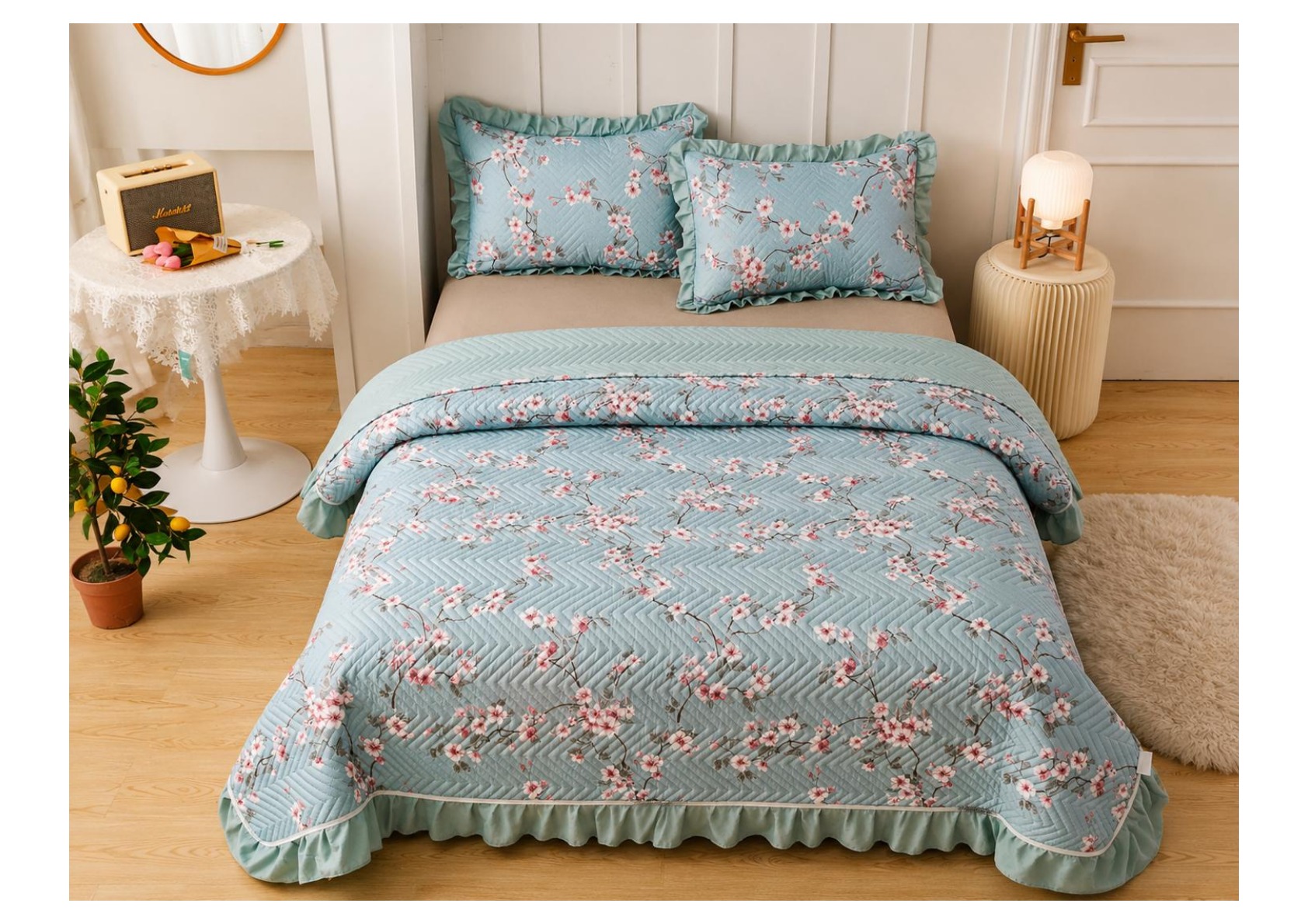 Viaan Collection Aqua Blossom Bed Cover Set - Aqua Blue thumbnail