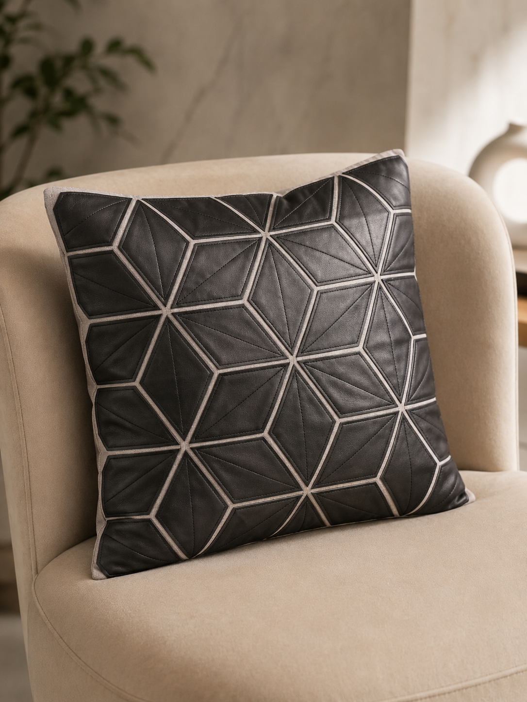 Geometric Panel Textured Pillow Cover - Black thumbnail