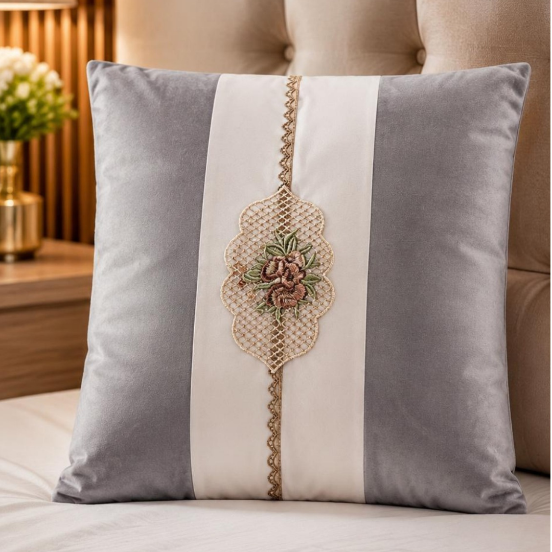 Floral Lattice Embroidered Pillow Cover - Silver Grey thumbnail