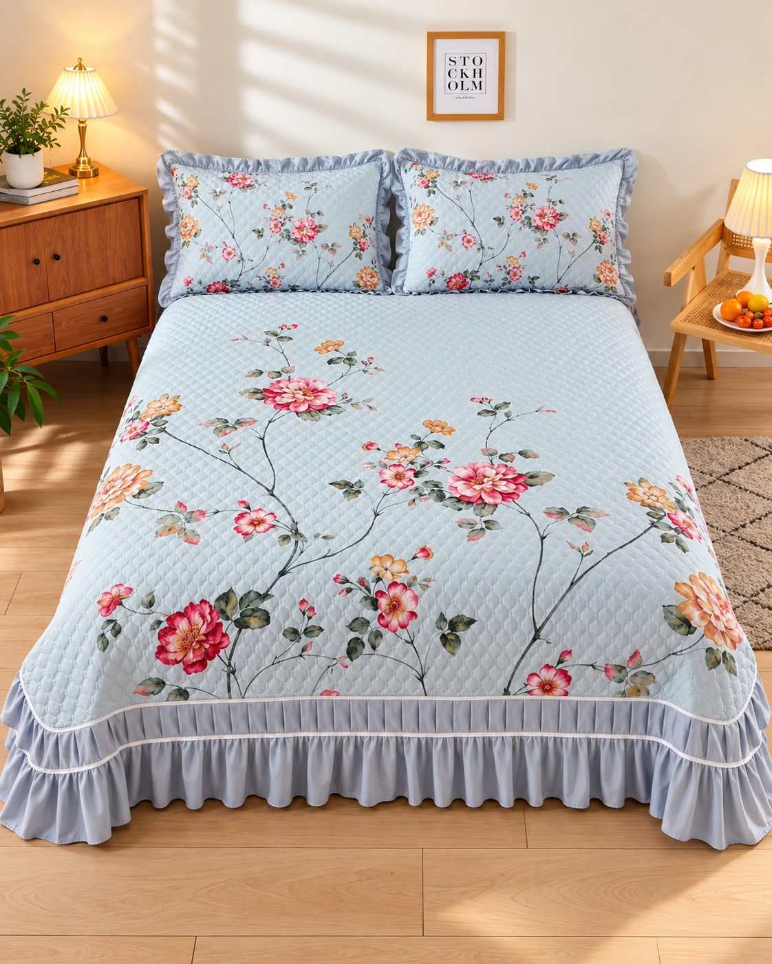 Light Blue Printed Bed Cover - Light Blue thumbnail