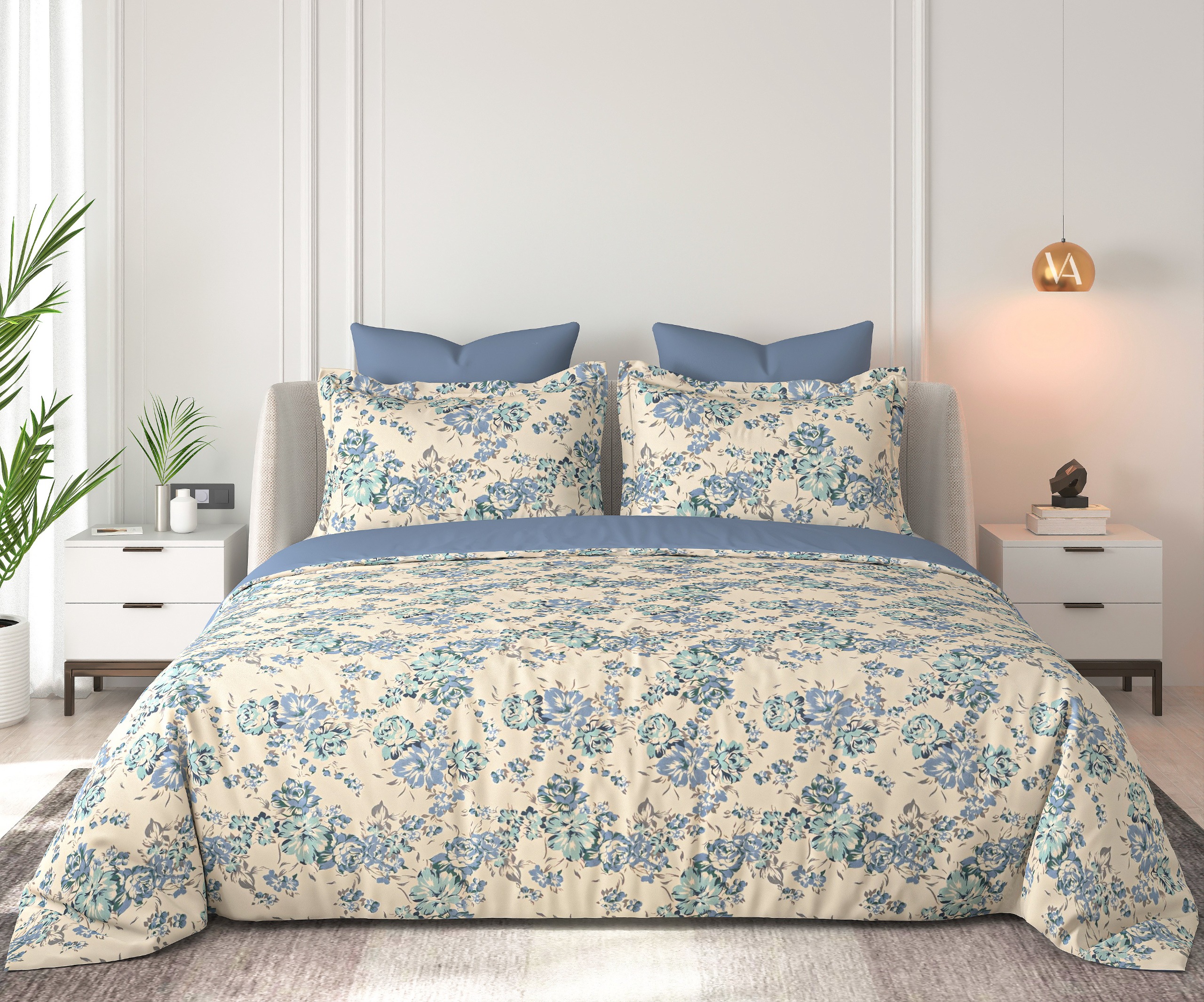 Floral Bliss Cream Blue Aqua Rose Cluster Cotton King-Size Bedsheet Set - Aqua Blue and Dusty Blue thumbnail