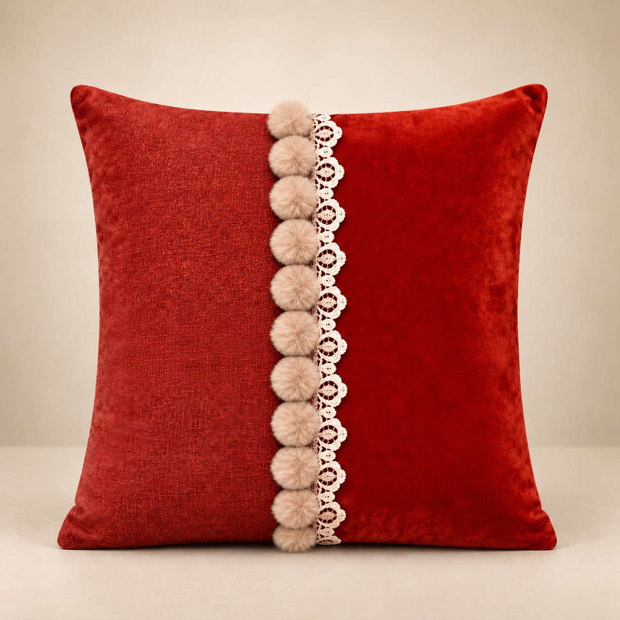 Pom-Pom Lace Trim Decorative Cushion Cover - Red thumbnail