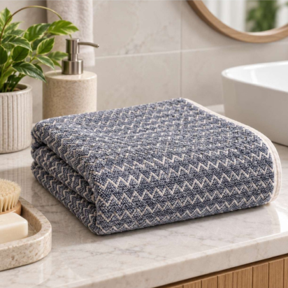 Premium Chevron Bath & Hand Towel Set – Slate Blue & White thumbnail
