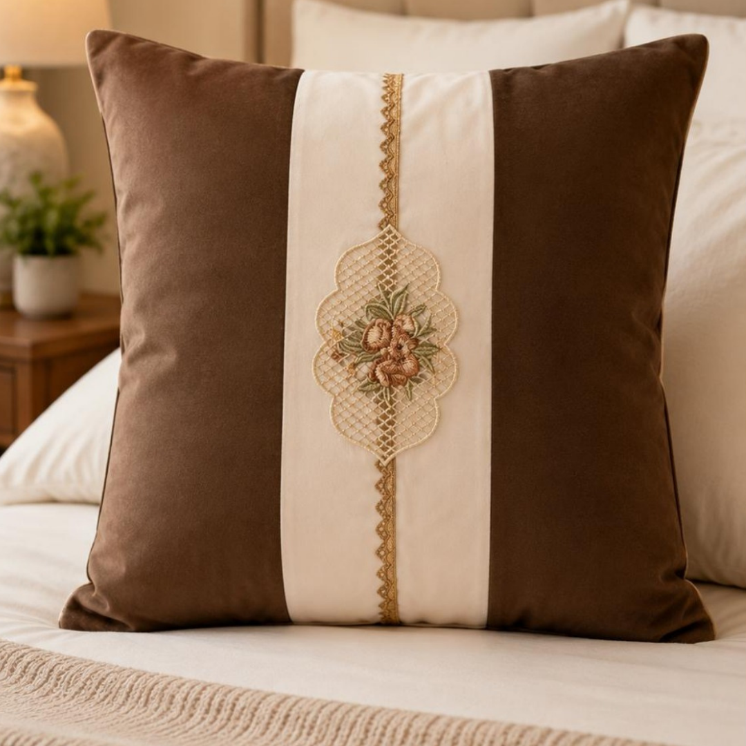 Floral Lattice Embroidered Pillow Cover - Chocolate Brown thumbnail