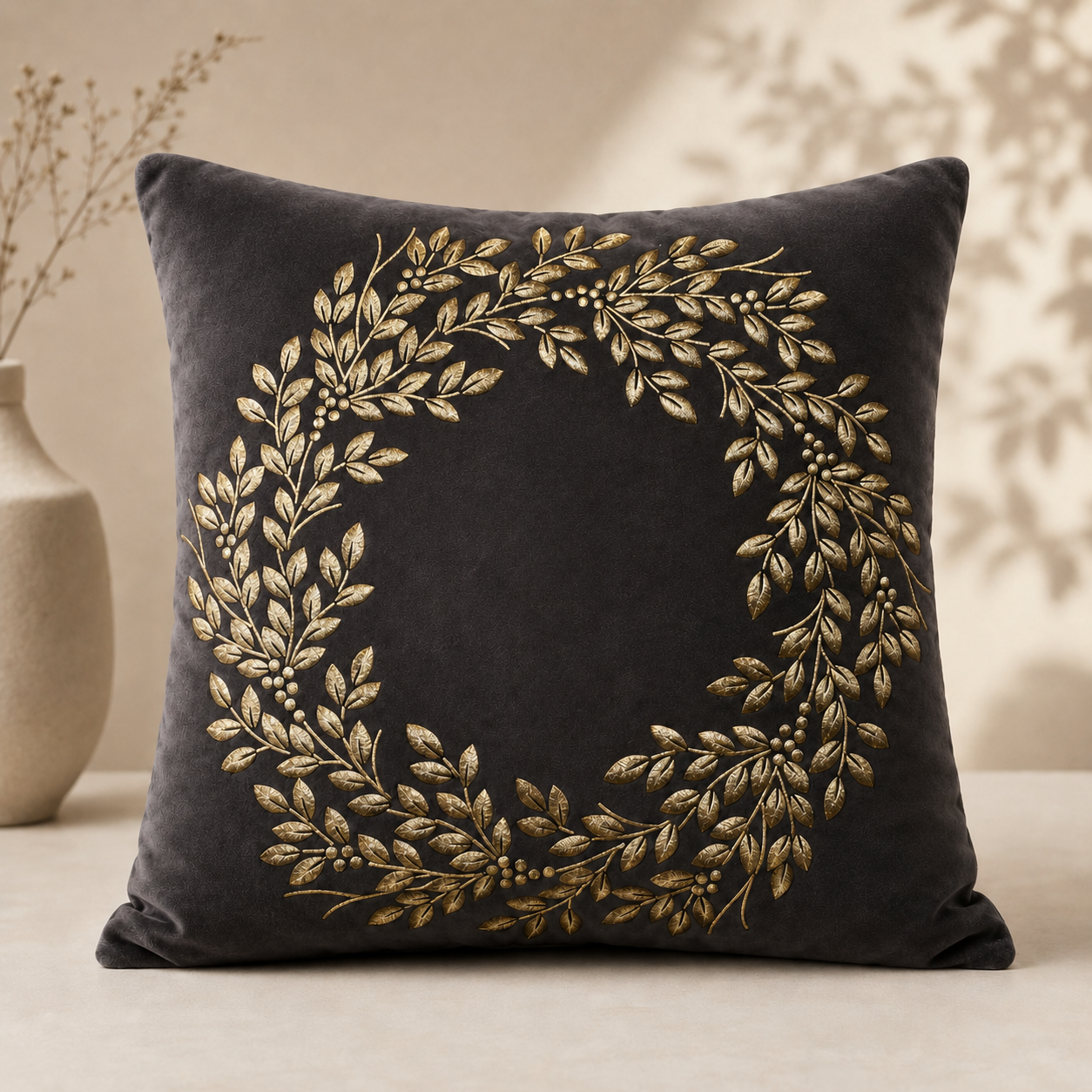 Botanical Wreath Embroidered Pillow Cover - Charcoal Grey thumbnail