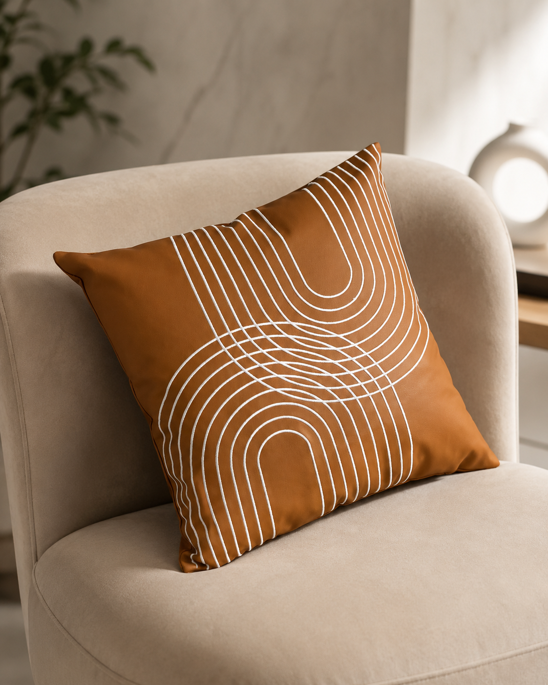 Abstract Arc Embroidered Pillow Cover - Mustard Brown thumbnail