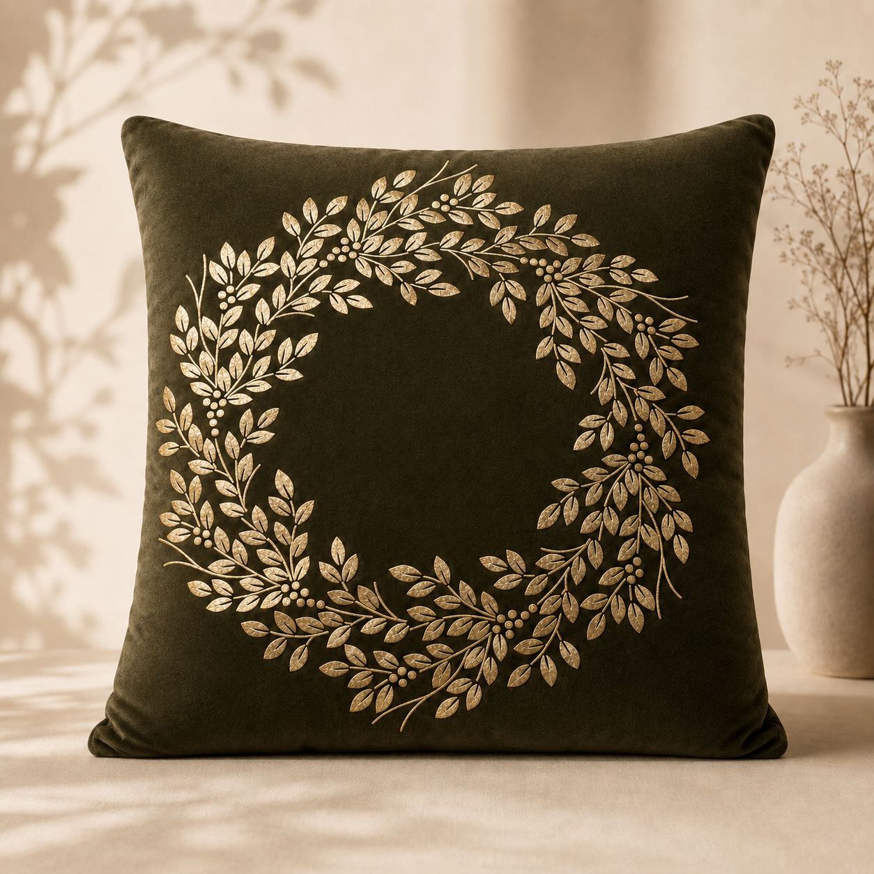 Botanical Wreath Embroidered Pillow Cover - Olive Green thumbnail