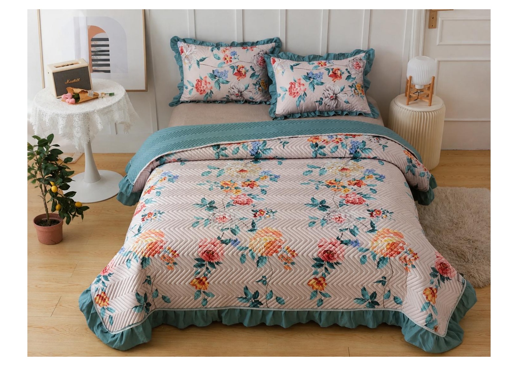 Viaan Collection Teal Rose Bed Cover Set - Teal thumbnail