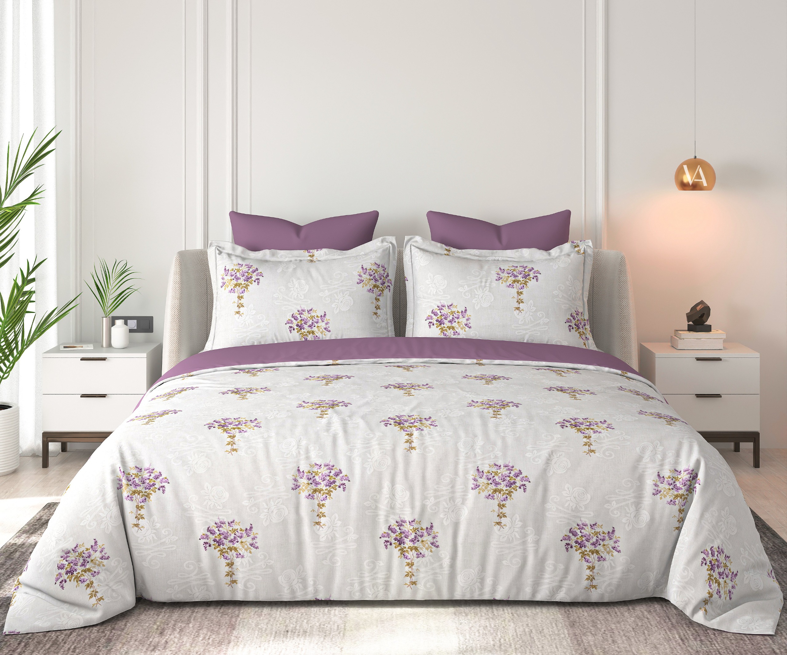 Floral Bliss Ivory Lavender Bloom Cotton King-Size Bedsheet Set - Ivory Lavender thumbnail